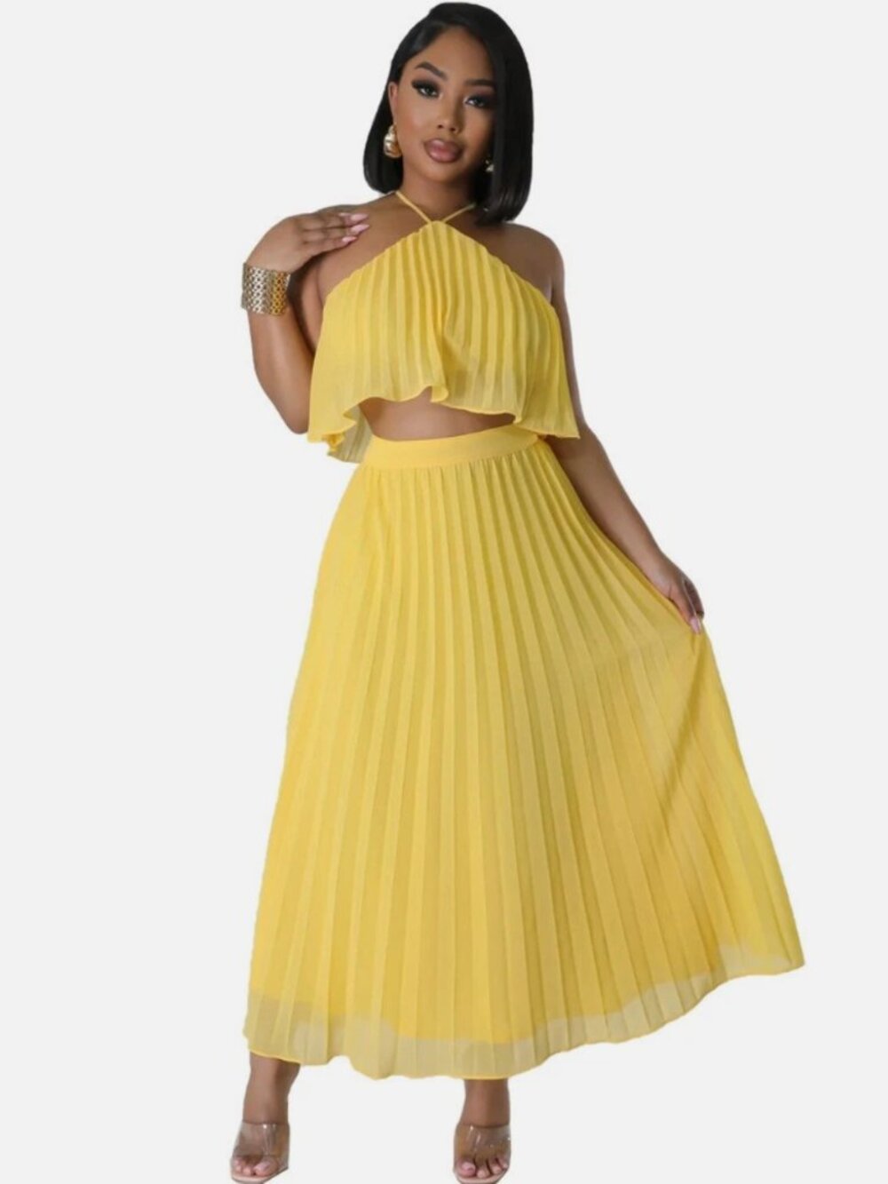 Hyfve Yellow Pleated Midi Skirt Set M